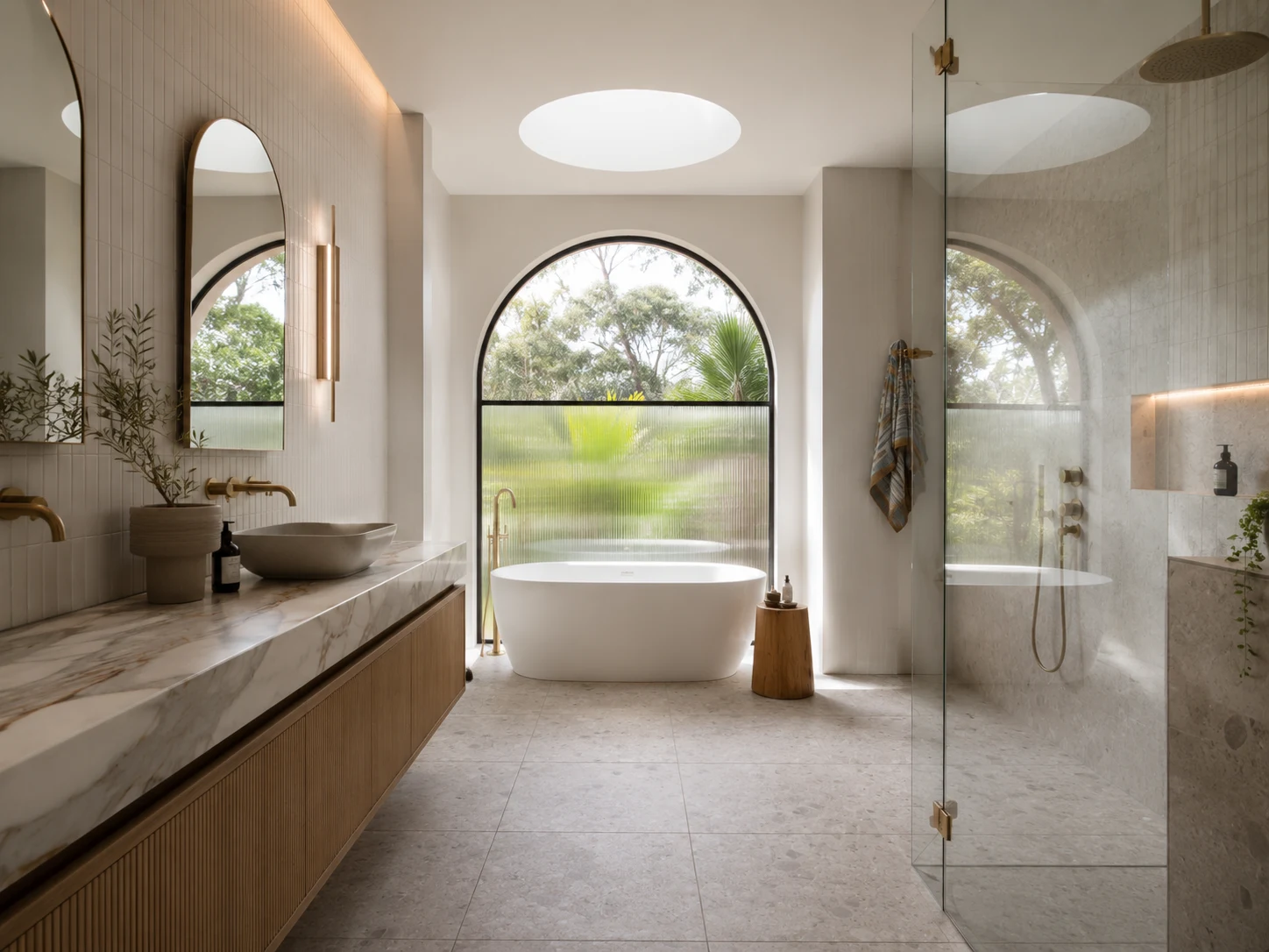 Bathroom design study: bathroom with freestanding bath and arched window