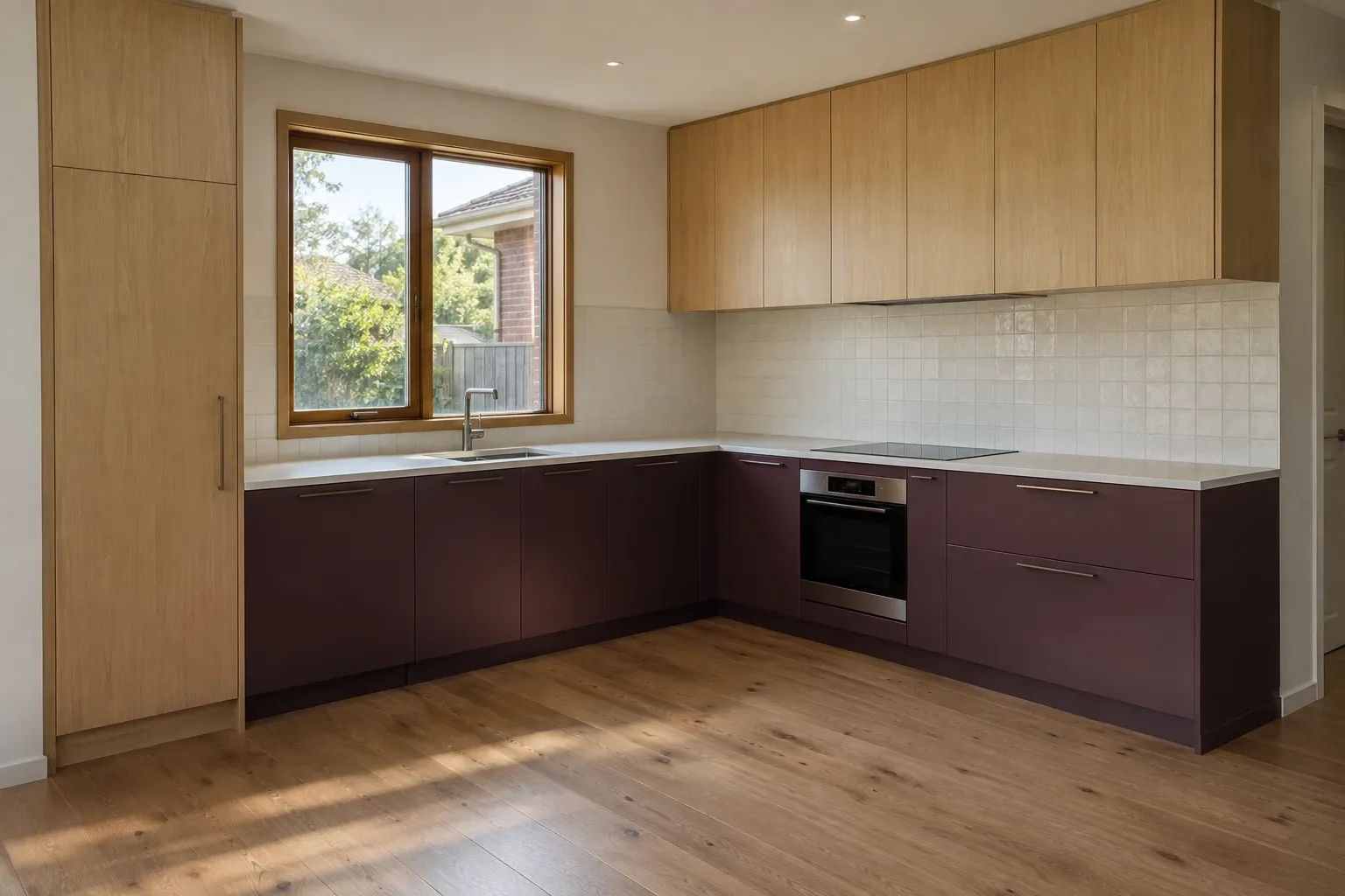 Aubergine below, pale oak above — kitchen design inspiration