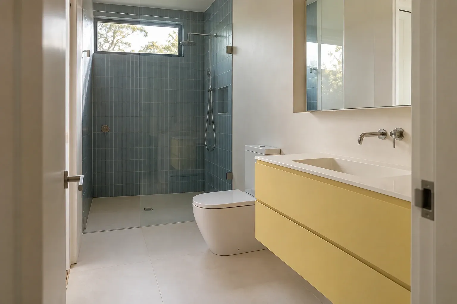 Butter yellow against smoky blue — bathroom design inspiration