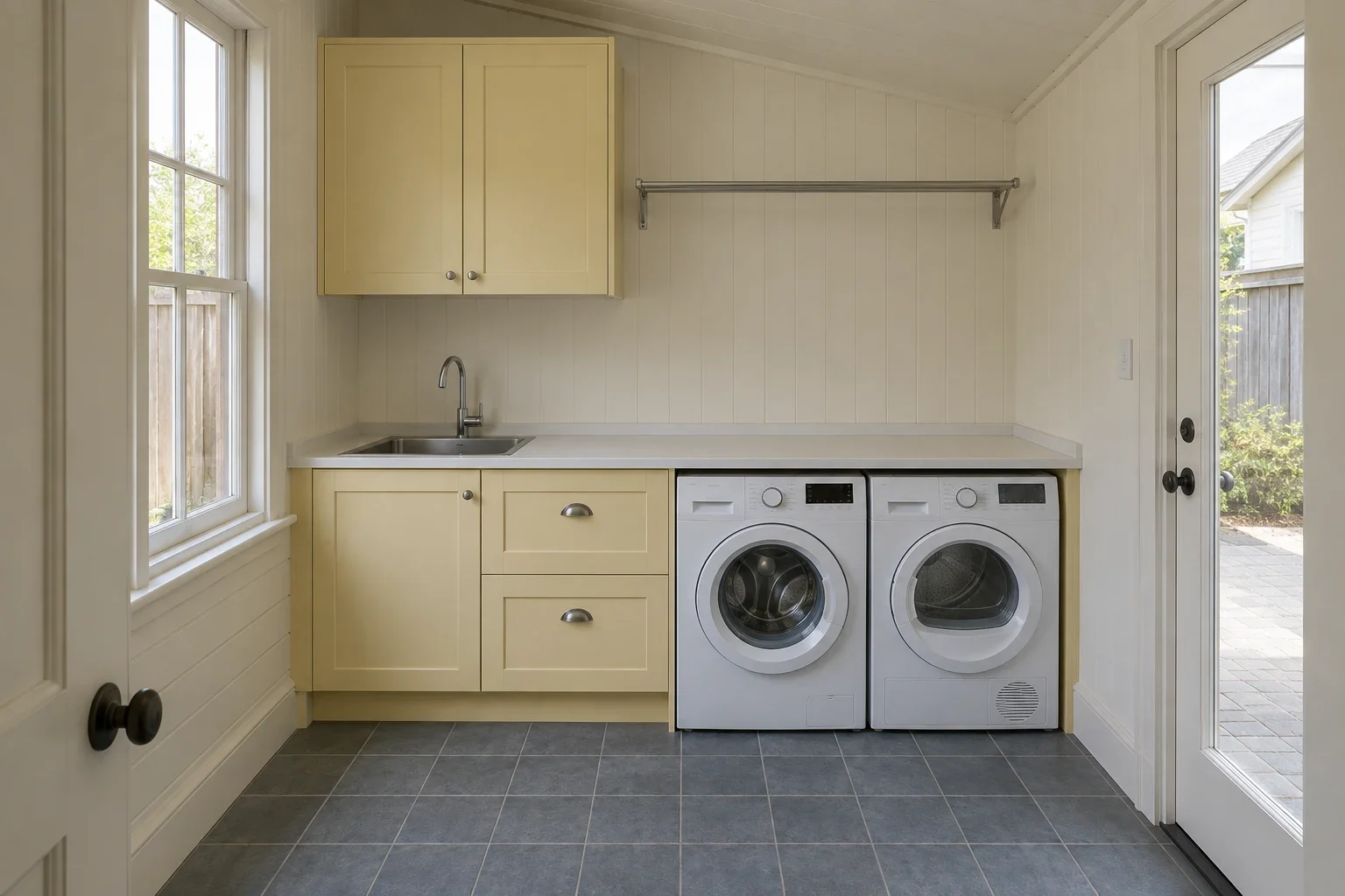 Butter yellow in a weatherboard laundry — laundry design inspiration