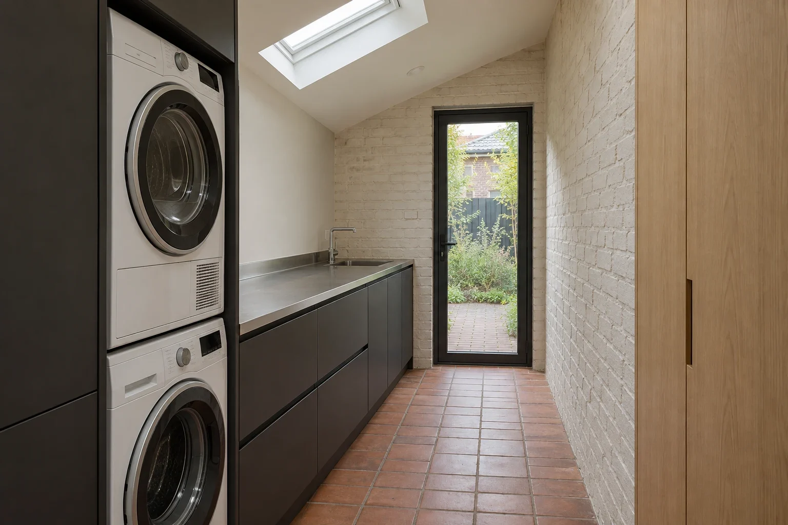 Charcoal and stainless beneath a rooflight — laundry design inspiration