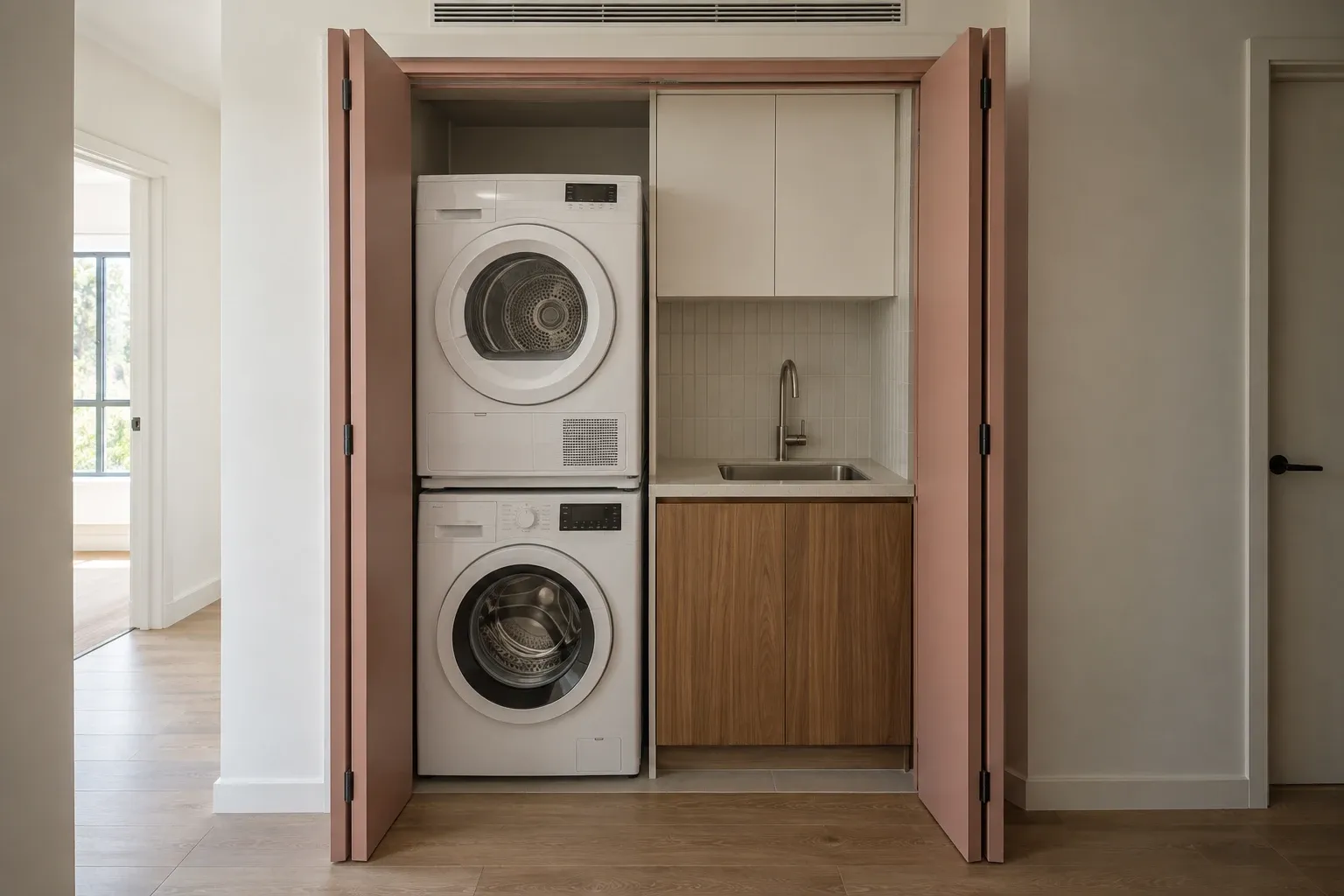 Clay doors around a concealed laundry — laundry design inspiration