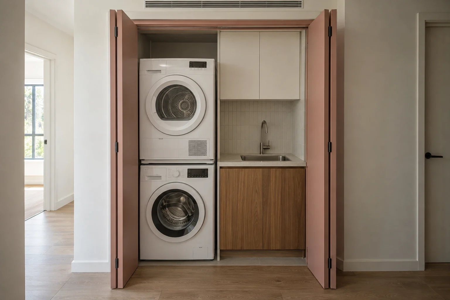 Clay doors around a concealed laundry — laundry design inspiration