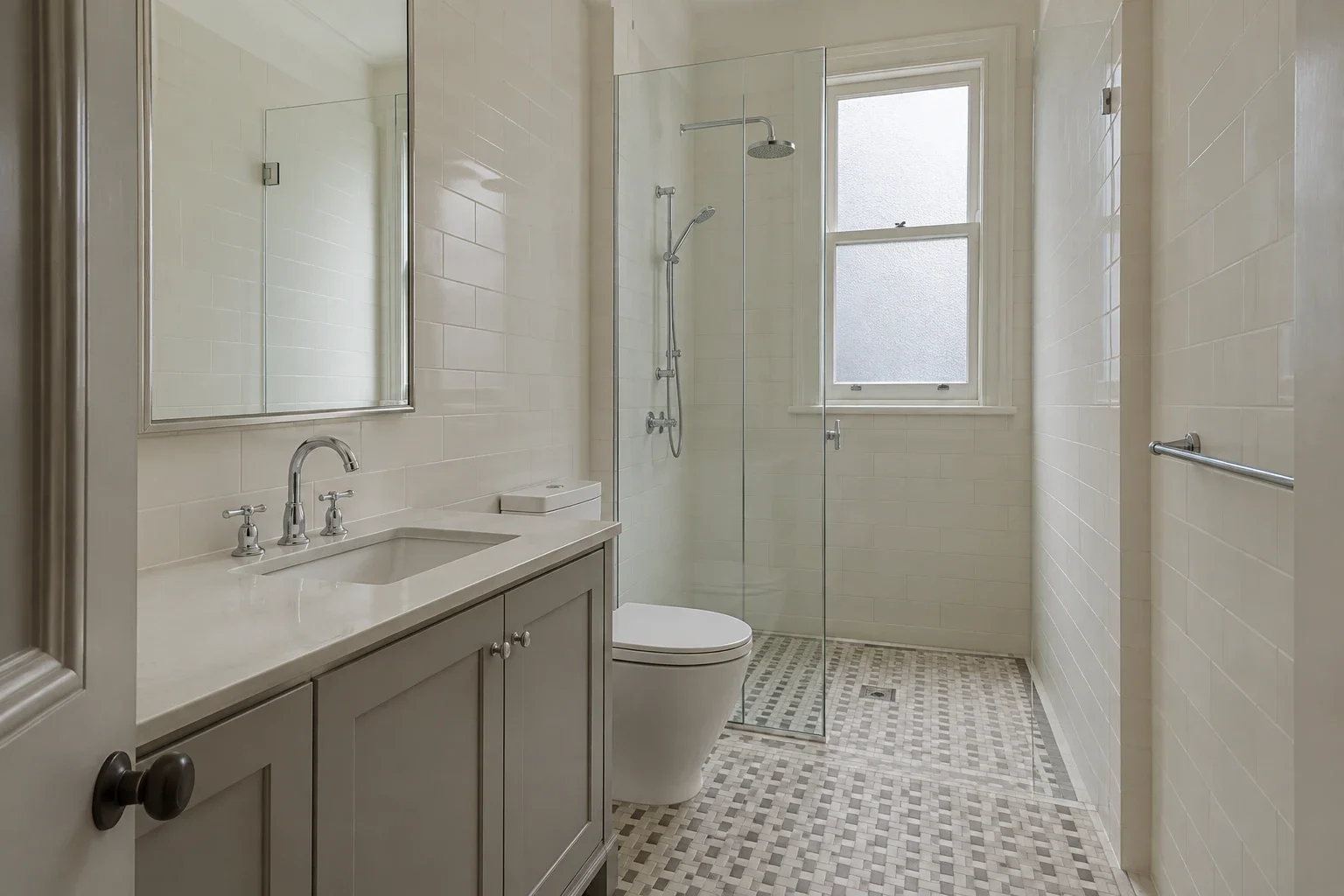 Ivory tile with a mosaic floor — bathroom design inspiration