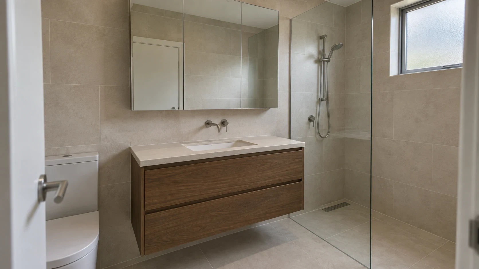 Ivory tile around a timber vanity