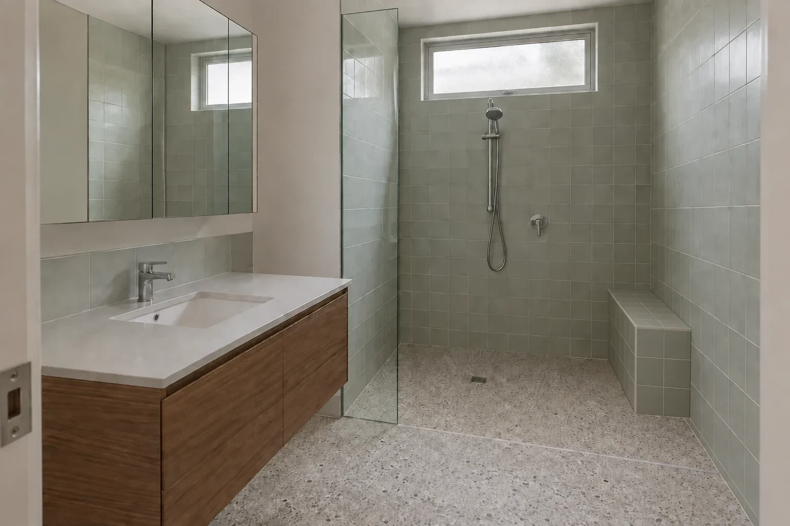 Moss tile with a built-in shower seat and walnut vanity — bathroom design inspiration