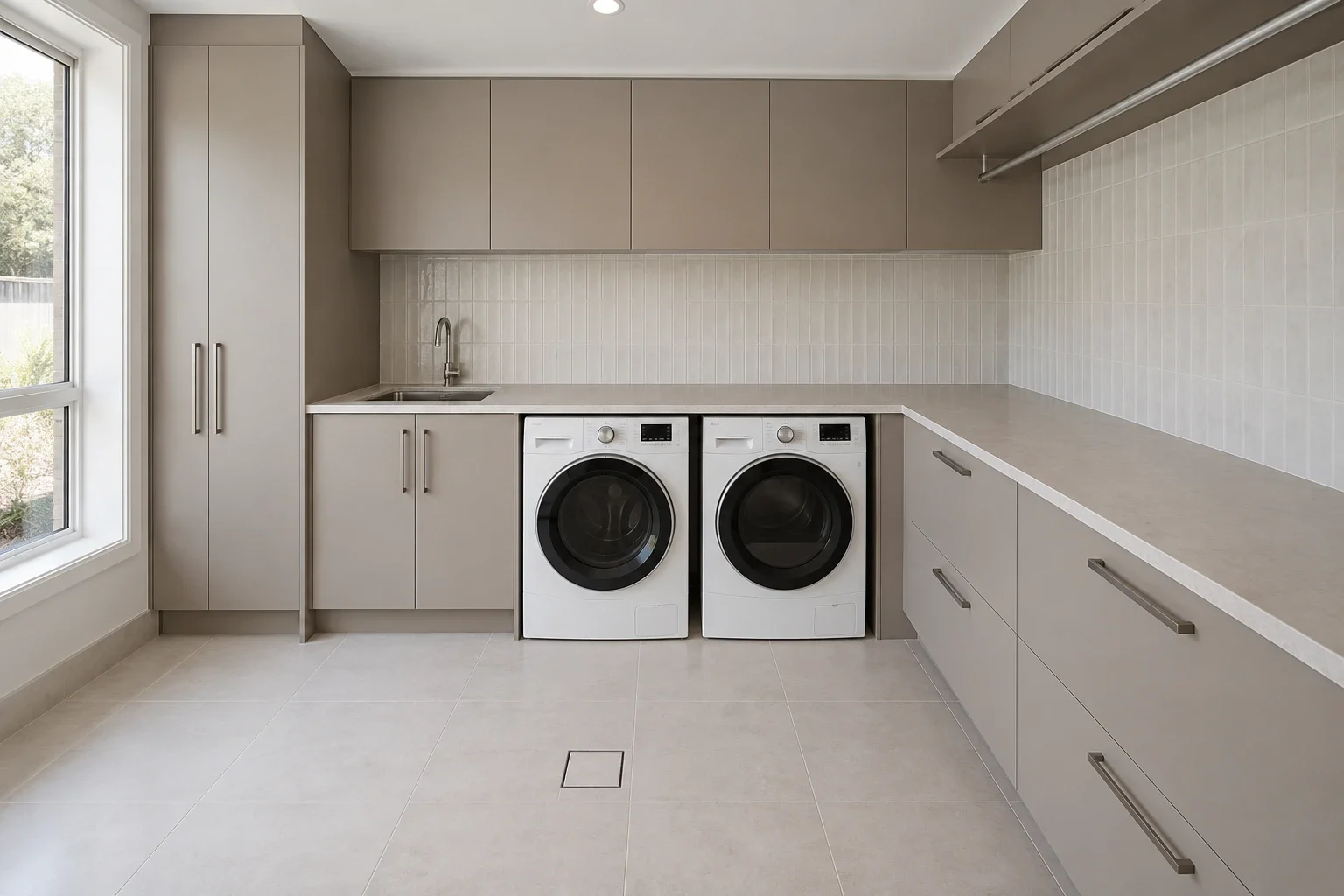 Mushroom cabinetry with a folding bench — laundry design inspiration
