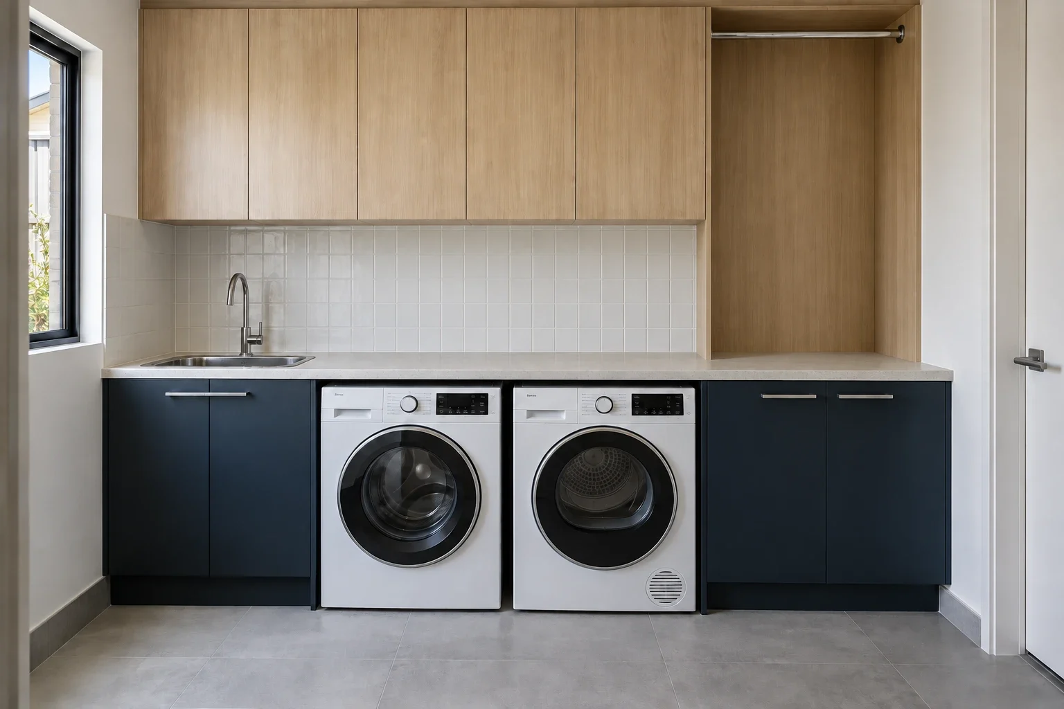 Navy and oak with a drying rail — laundry design inspiration