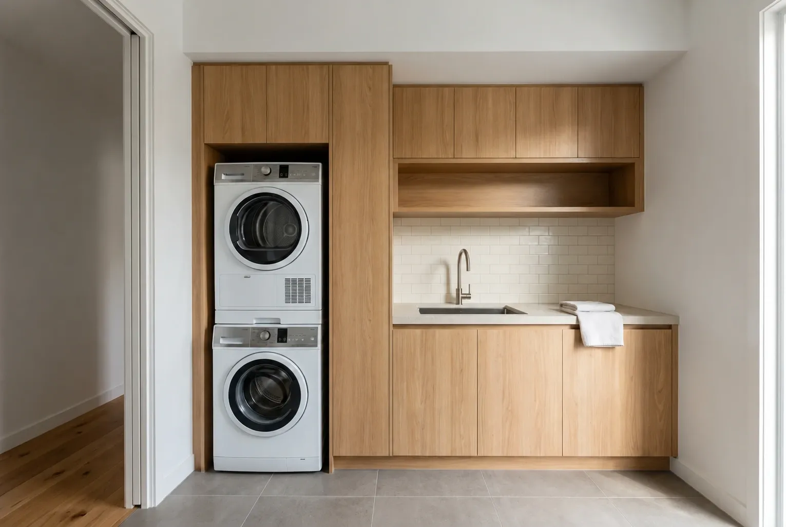 Compact laundry inspiration with stacked appliances, oak cabinetry and a separate sink bench