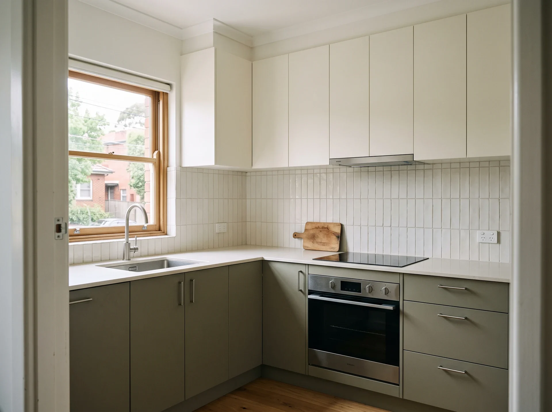 Kitchen design inspiration with olive cabinetry, tiled splashback and a compact L-shaped layout