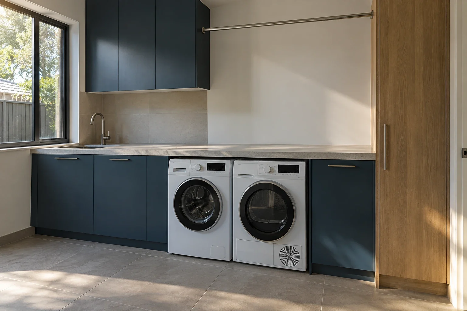 Petrol blue with a full-height drying space — laundry design inspiration