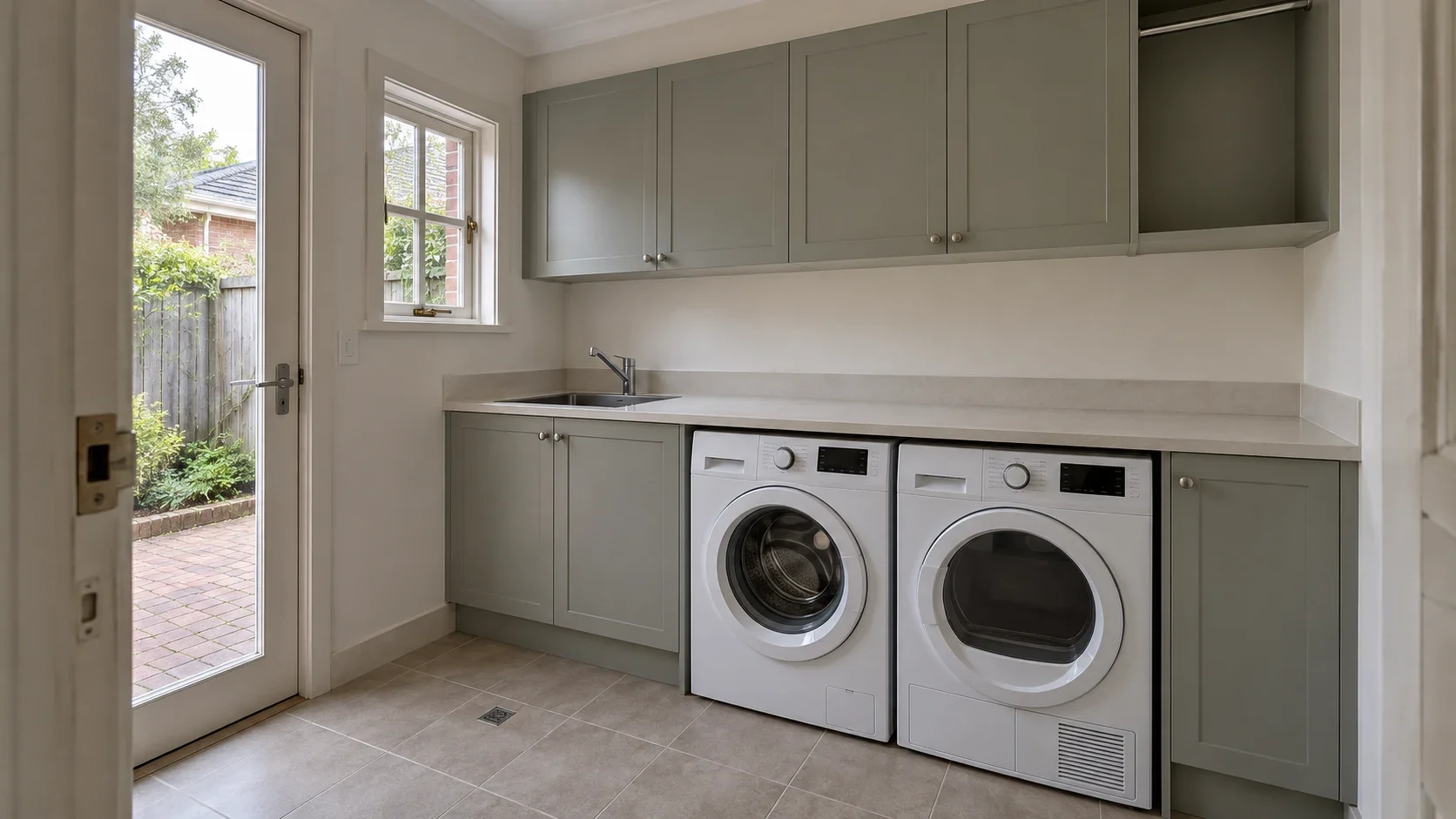 Sage cabinetry beside the garden — laundry design inspiration