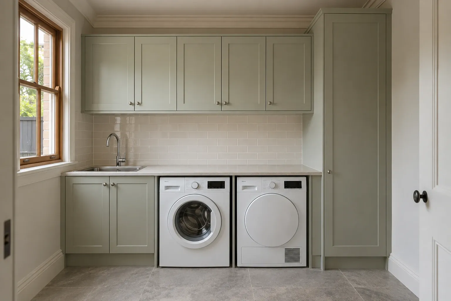 Soft sage Shaker storage — laundry design inspiration