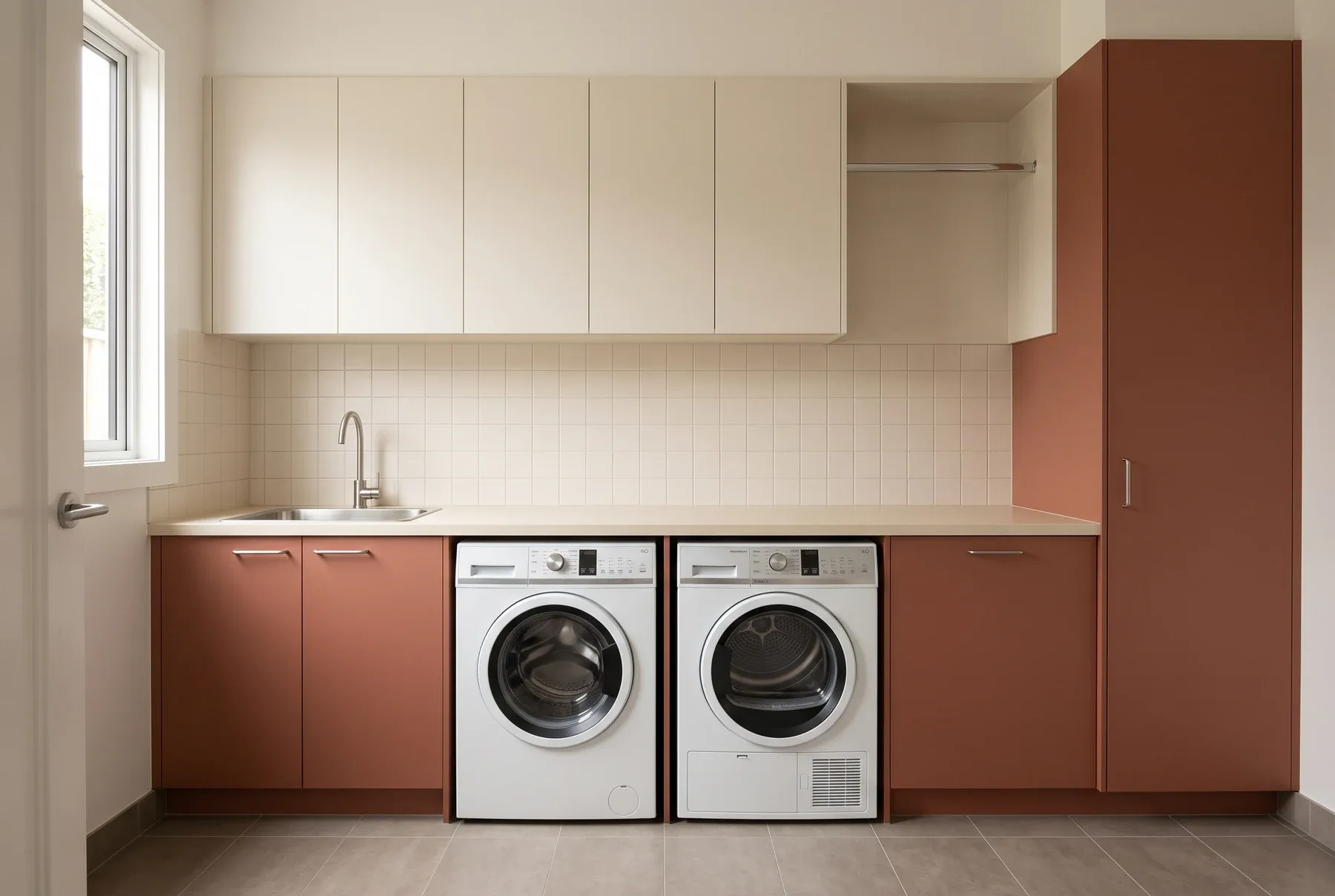 Laundry inspiration with terracotta storage and a continuous bench over side-by-side appliances