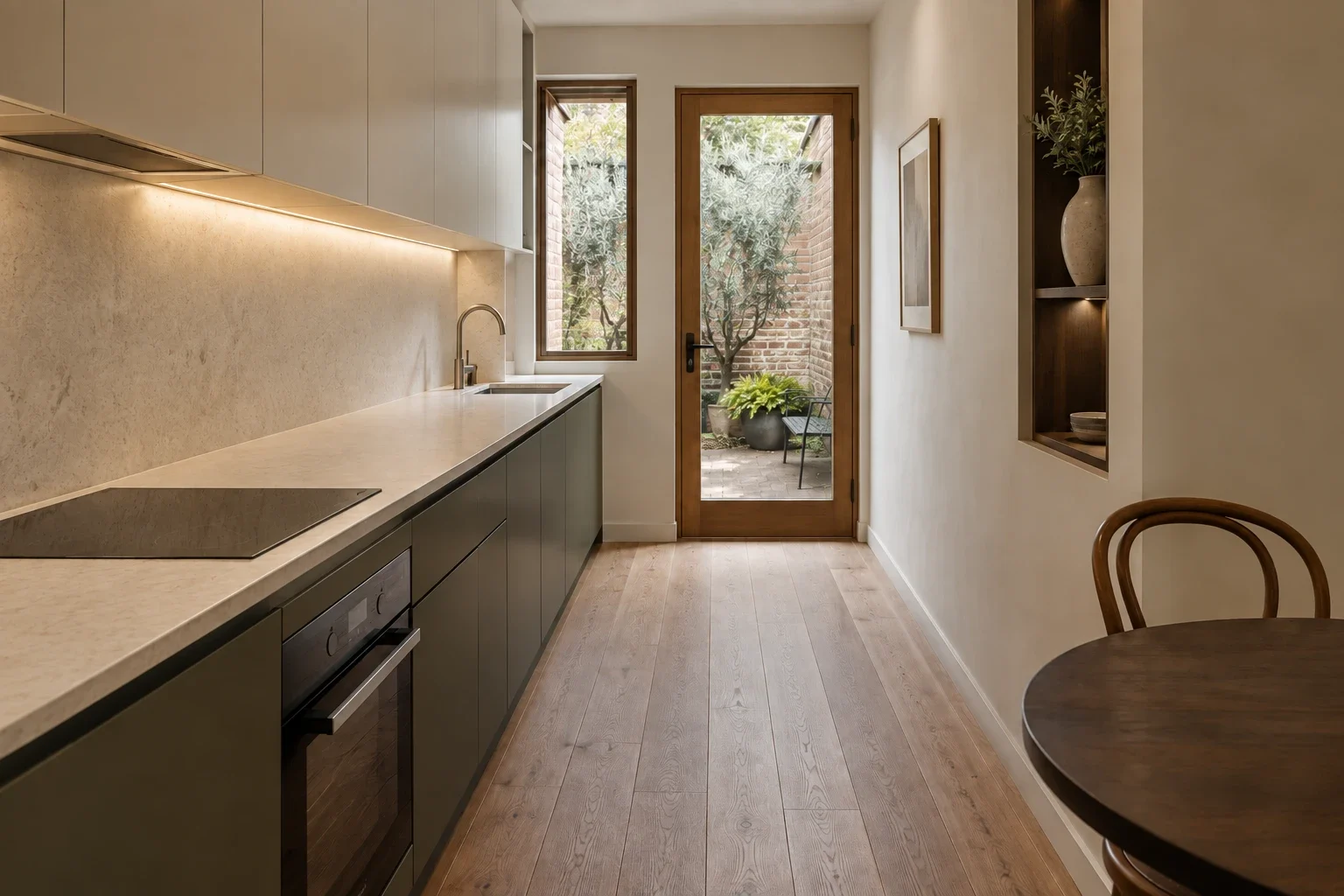 Compact olive kitchen design study with a clear stone bench and courtyard outlook