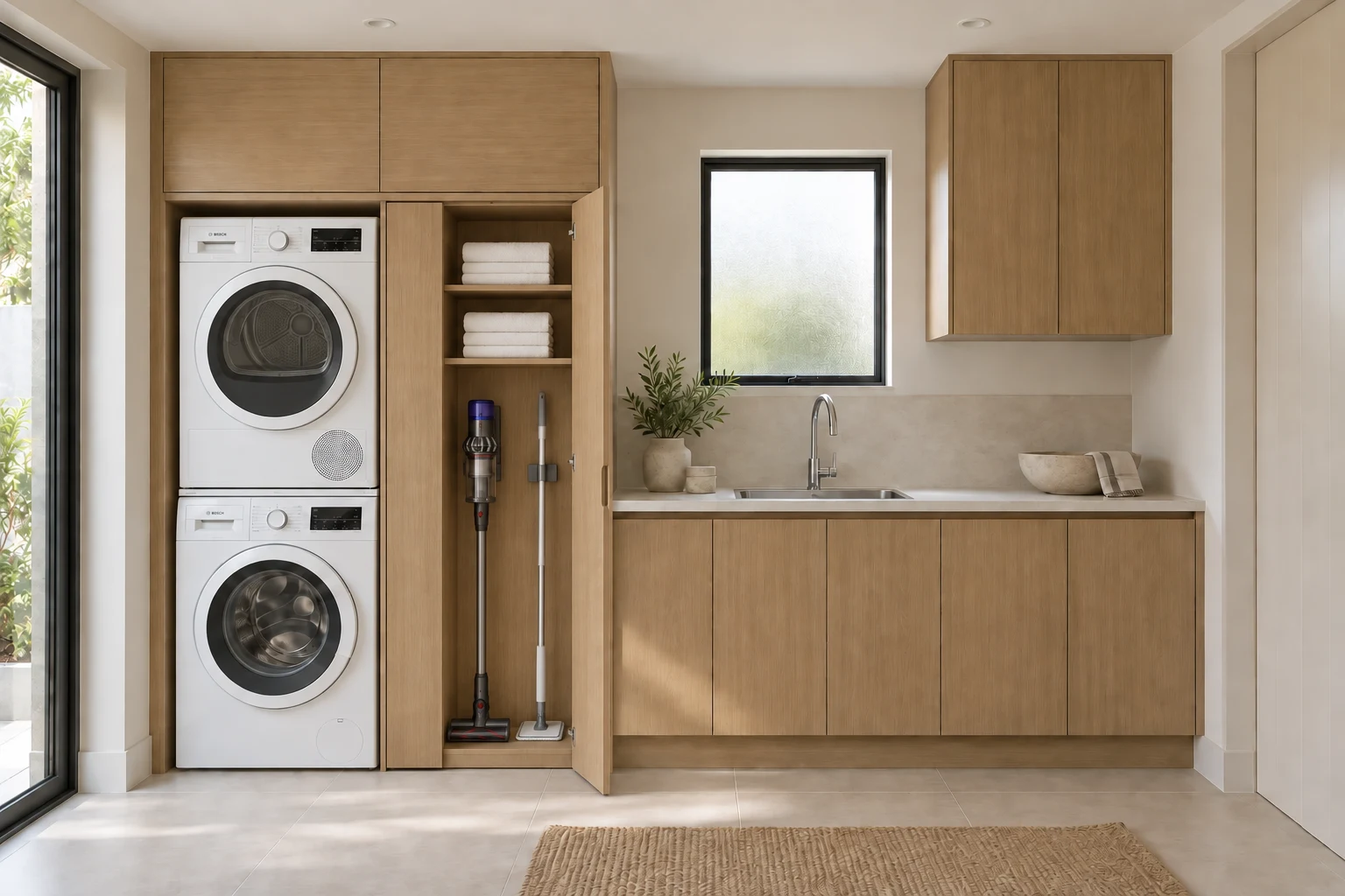 Laundry design study with stacked appliances and an open utility cupboard holding a vacuum, mop and linen