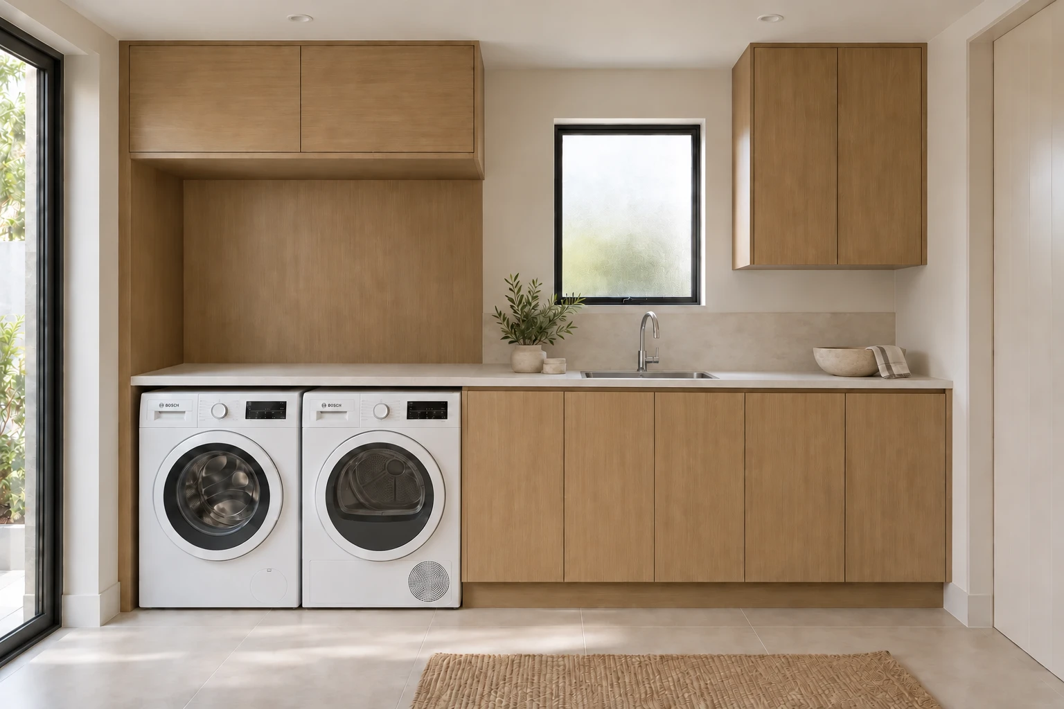 Laundry design study with washer and dryer side by side