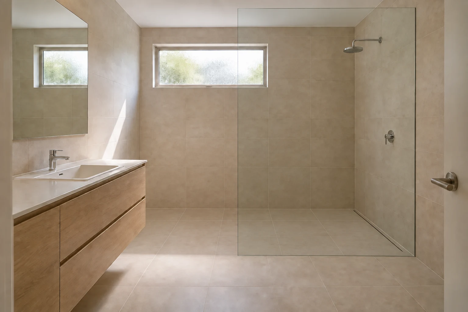 The same bathroom design study with a wider walk-in shower replacing the bath