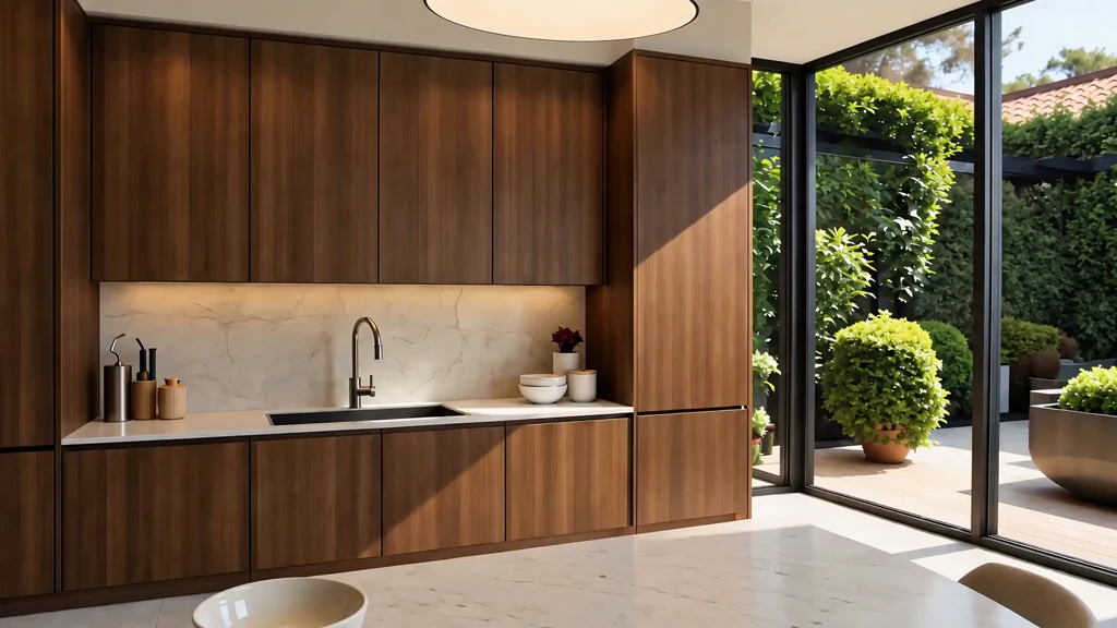 Kitchen inspiration with timber cabinetry, a continuous stone splashback and garden outlook