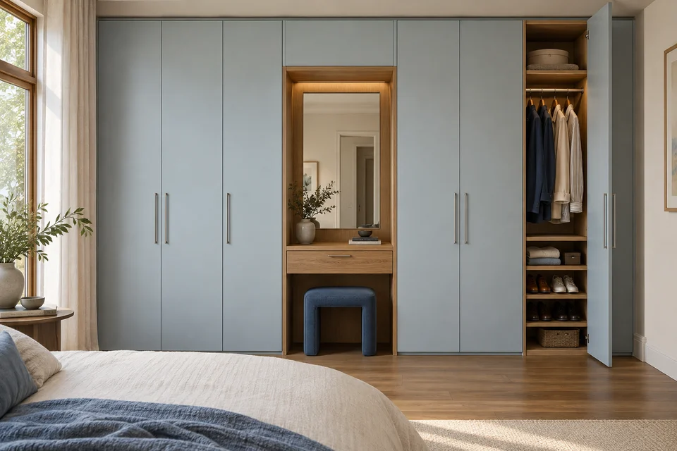 Pale blue built-in wardrobes with an oak dressing niche and organised hanging space