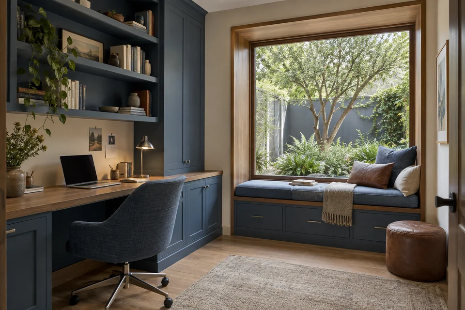 Deep-blue fitted study with an oak desk, bookshelves and garden-facing window seat