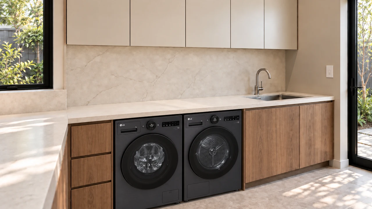 Laundry design visualisation showing dark washer and dryer fronts beneath a continuous stone bench