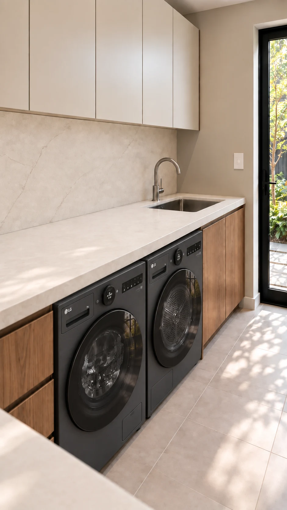 Laundry design visualisation showing the undermount sink, walnut joinery and garden-facing door