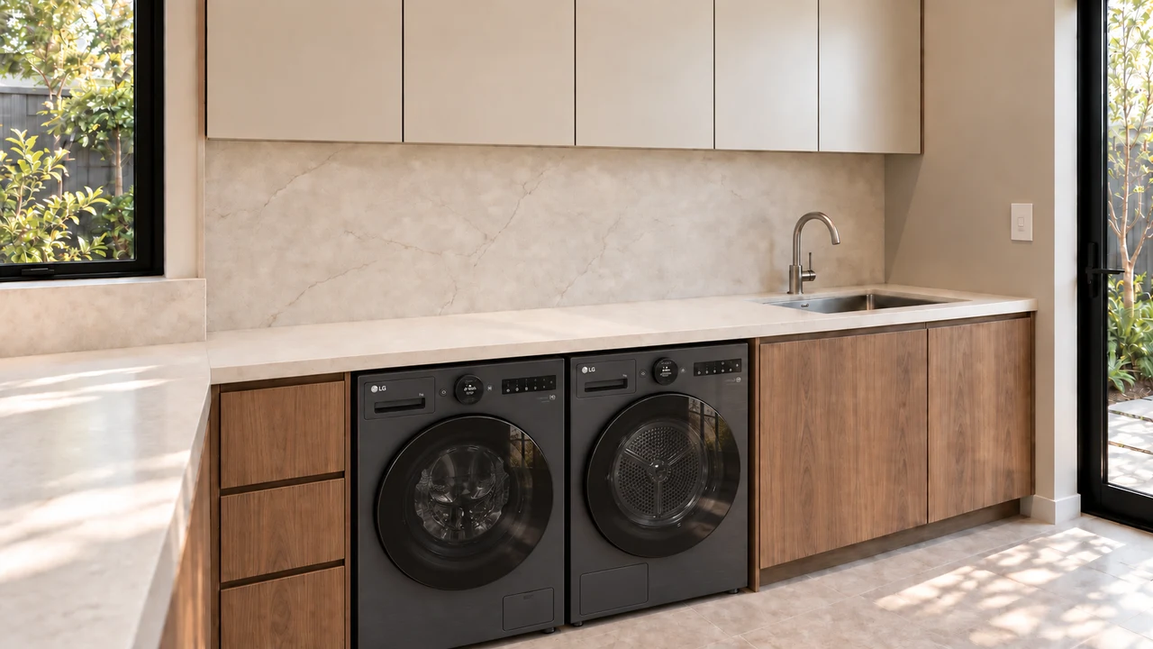 Walnut laundry design visualisation with pale stone, overhead cupboards and dark appliances